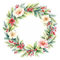 Fototapeta premium Vector illustration of a round Christmas wreath with green holly berries and floral leaves creating a nature design border ornament for a holiday card