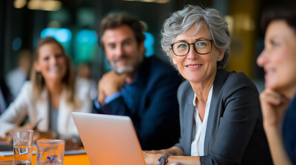 Fototapeta premium Professional workplace consultation scene, collaborative legal discussion, female lawyers meeting with mature couple, advisory session, defocused office interior, with copy space