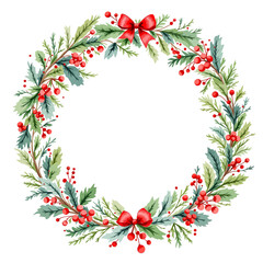A festive Christmas wreath with green leaves and red holly berries on a white background