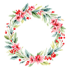 A festive Christmas wreath with green leaves and red holly berries on a white background