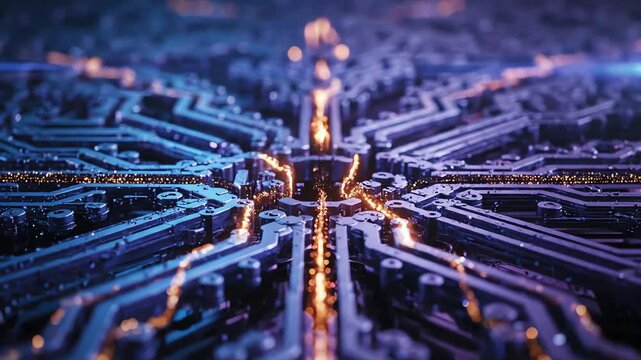 Abstract Digital Circuit Board with Glowing Orange Energy Flowing Through Blue Lines