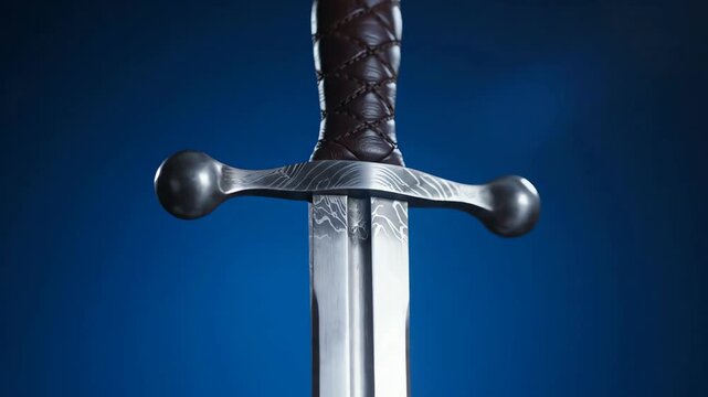 Detailed close up of a medieval sword with patterned blade and leather hilt against a blue background