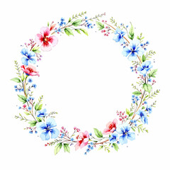 A round floral wreath frame with pink flowers and leaves forming a decorative spring border with butterflies