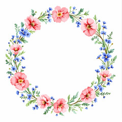 A round floral wreath frame with pink flowers and leaves forming a decorative spring border with butterflies