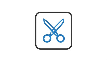 Graphic icon of scissors in a square frame, blue scissors on white background