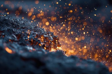 Abstract Close-Up of Glowing Embers and Sparks, Dark Background, Bokeh Effect.
