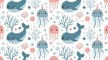 Whimsical underwater scene with smiling sea creatures and coral
