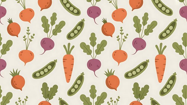 Vibrant vegetable pattern with carrots, beets, and peas on cream background