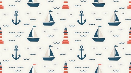 Nautical pattern with sailboats, anchors, and lighthouses on cream background