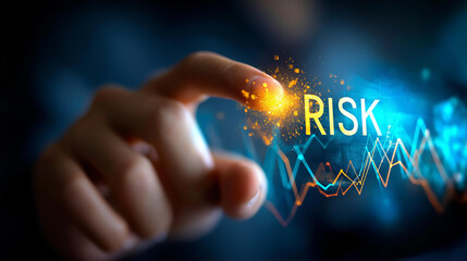 Hand selecting RISK text on digital interface, financial graphs background, assessment tool interaction, business evaluation system, decision-making technology, with copy space