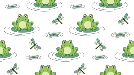 Whimsical frogs and dragonflies in pond water pattern