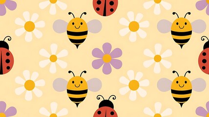 Whimsical seamless pattern of smiling bees and ladybugs with flowers