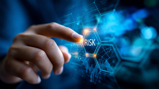 Hand selecting RISK text on digital interface, financial graphs background, assessment tool interaction, business evaluation system, decision-making technology, with copy space - Powered by Adobe