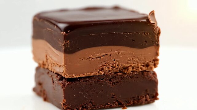 Close up of decadent layered chocolate fudge stacked on a white surface