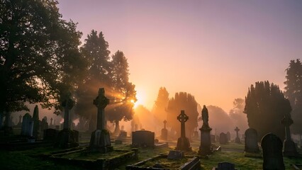 Misty Cemetery at Sunset with Gravestones.