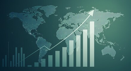 Graphic illustrating global growth, a rising arrow, and a bar chart over a world map