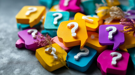 Vibrant colored speech bubbles with question marks, inquiry visualization concept, dialogue representation, communication symbols, decision-making metaphor, with copy space