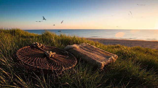 Serene Coastal Scene with Fishing Baskets on a Beach Dune During Golden Hour