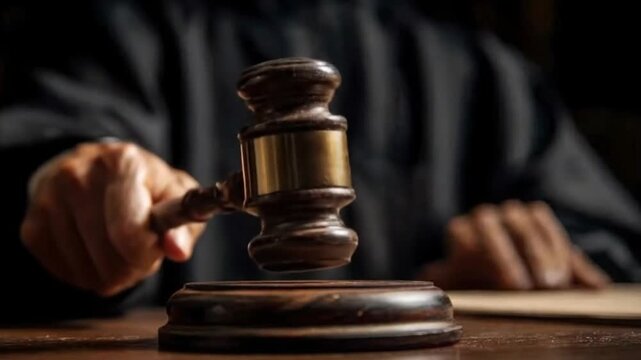 A powerful close-up shot captures a person's hand, clad in a dark, formal robe, firmly gripping a robust wooden gavel. The gavel is poised mid-air, about to strike a matching wooden sounding block res