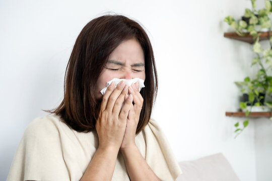 Asian woman sneezing into a tissue, suffering from seasonal allergies, common cold, or flu symptoms at home. Sick girl having runny nose and nasal congestion in living room. Healthcare concept