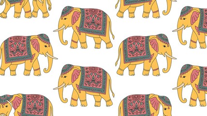 Vibrant decorated elephants in traditional Indian style walking