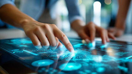 Interactive digital displays in modern office, data analysis visualization, technological enhancement tools, business intelligence interface, contemporary workspace technology, with copy