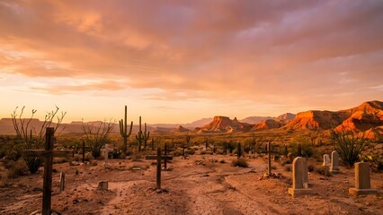 Desert Landscape with Mountains at Sunset.