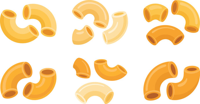 Collection of pasta elbow macaroni shapes, uncooked pasta tubes, italian food ingredient isolated on transparent background vector illustration