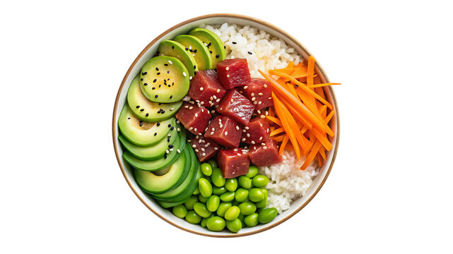 Healthy tuna poke bowl with rice avocado and vegetables
