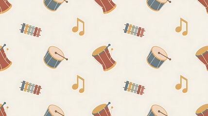 Vibrant musical instrument pattern with drums and notes on cream background