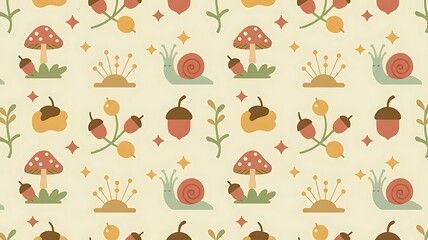 Whimsical forest pattern with snails, mushrooms, and acorns
