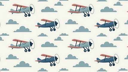 Vintage biplanes flying in formation against cloudy sky background