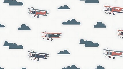 Vintage biplanes flying amidst fluffy clouds in clear sky