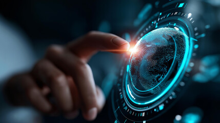 Executive touching virtual global interface, business intelligence system, data visualization technology, performance metrics display, enterprise optimization tools, with copy space