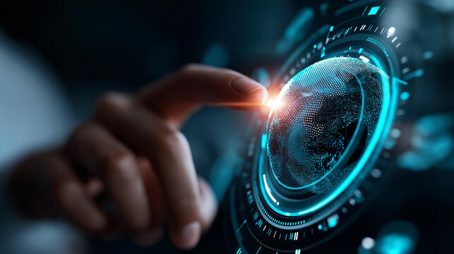 Executive touching virtual global interface, business intelligence system, data visualization technology, performance metrics display, enterprise optimization tools, with copy space - Powered by Adobe