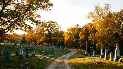 Serene Cemetery Landscape with Autumn Foliage.