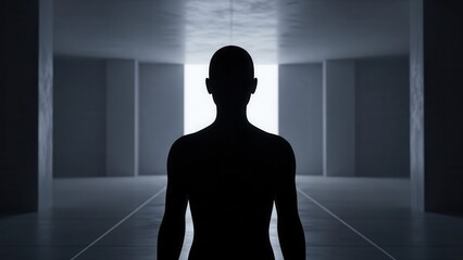 Silhouette of a person standing in a stark, modern hallway. The figure faces forward, silhouetted against a bright light source at the end of the corridor.

