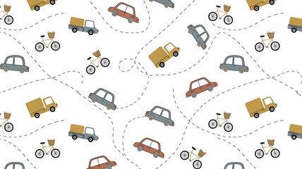 Vintage cars and bicycles on winding roads in a playful pattern