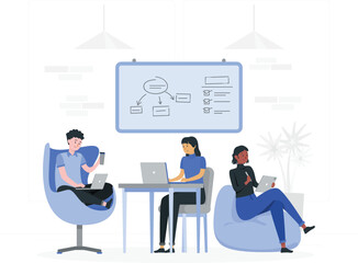 Fototapeta premium People working on laptops in office setting with flowchart on board whiteboard