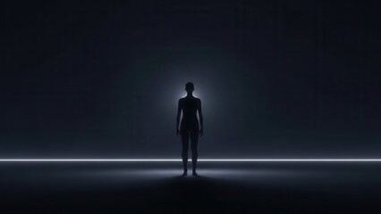 Obraz premium A figure stands silhouetted against a bright light in a dark space. The image is likely a conceptual or design element.