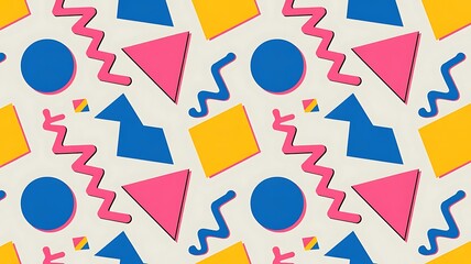 Vibrant geometric shapes in pink, blue, and yellow on white background