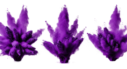 three massive, abstract plumes of rich amethyst and violet pigment powder frozen mid-explosion against a transparent background with sharp volumetric light. concept of high-speed color dynamics