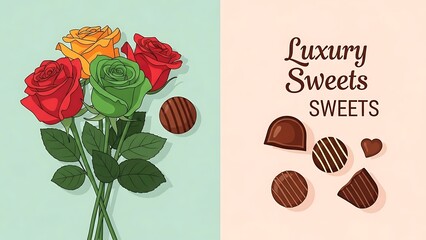 An elegant split-panel illustration featuring a vibrant bouquet of red, orange, and green roses alongside a collection of gourmet chocolate truffles labeled "Luxury Sweets."