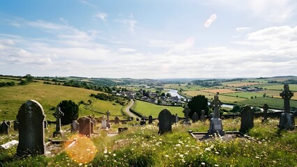Rural Cemetery Landscape with Headstones and Village.