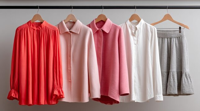 A fashion rack showcases a stunning collection of garments, including a vibrant red blouse that stands out. Soft colors and elegant designs invite fashion enthusiasts to explore the latest trends