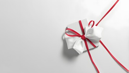 Elegant White Gift Box with Vibrant Red Ribbon and Soft White Bow, Presented on a Clean White Background with Ample Copy Space for Festive Designs and Celebrations.