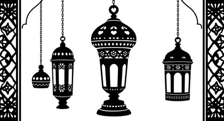 Obraz premium arabic lamp silhouette vector illustration, islamic lantern shadow art, traditional ramadan lamp silhouette, moroccan lantern vector cutout, arabic decor lamp silhouette, middle eastern lantern vector