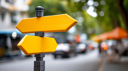 Directional signpost mockup with blank arrows, customizable guidance template, wayfinding information display, strategic direction indicator, versatile navigation tool, with copy space