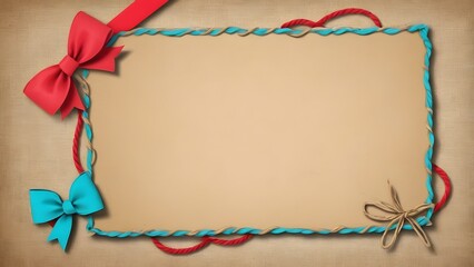 Blank Rectangular Gift Card or Invitation Template with Colorful Ribbons and Bows, Framed by Twisted Cords on a Rustic Textured Background