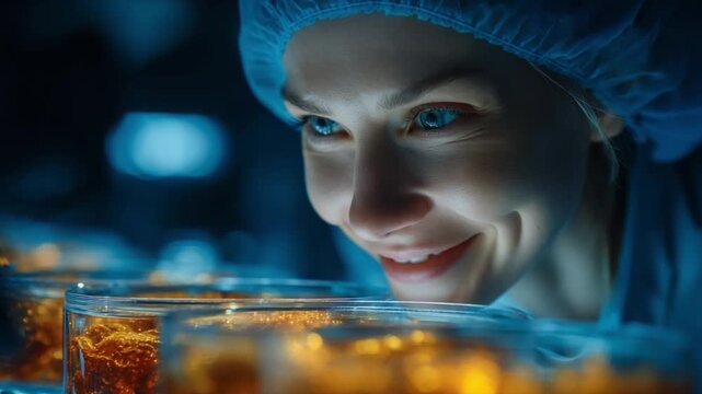 Beautiful female scientist examines cell-cultured meat growing in a bioreactor inside a sterile lab mid-day